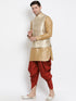 Vastramay Men's Rose Gold Jacquard Jacket With Kurta Dhoti Set